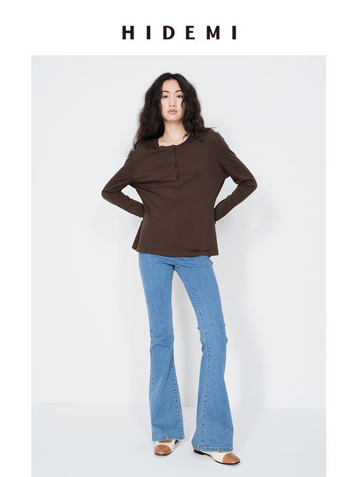 HIDEMI 【当当同款】圆领纽扣极简春夏松弛感亨利领自然棉长袖外穿宽松t恤女 商品图5