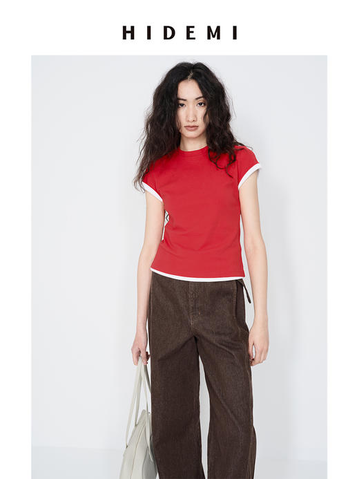 HIDEMI 【赵露思同款】圆领极简弹力自然棉短袖T恤 红色/黑色/碳灰/雾霾灰/白色 商品图7