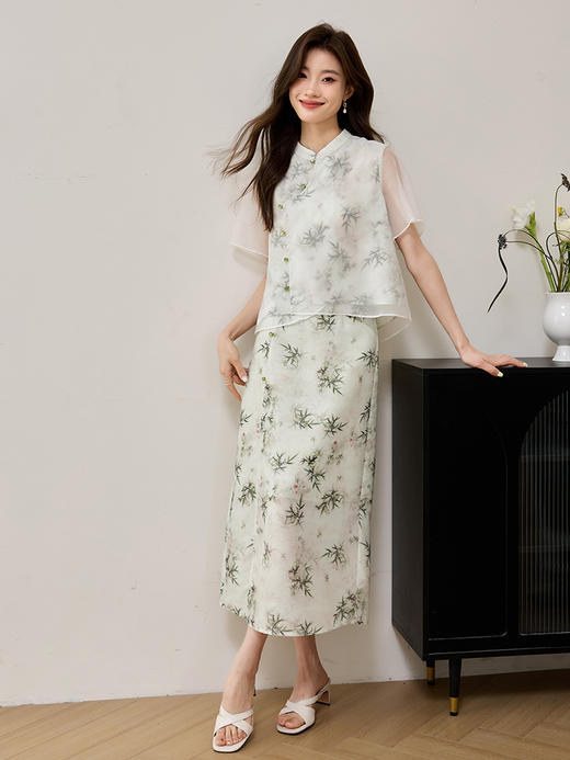 【专属特价】熙世界中式国风穿搭一整套女装竹叶印花欧根纱小衫半身裙两件套 商品图4