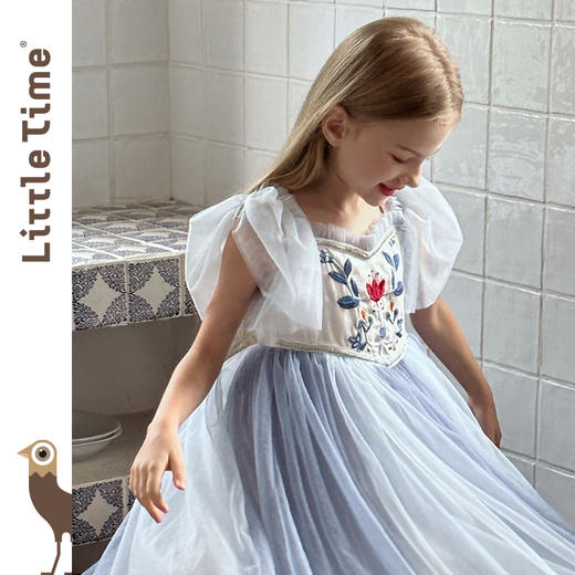 littletime女童法式田园绣花短袖2024春夏公主小女孩连衣裙 商品图1