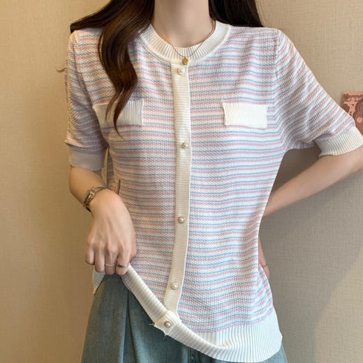 MZ-16416夏季新款小香风撞色条纹针织衫女韩版圆领薄款休闲短袖上衣 商品图2
