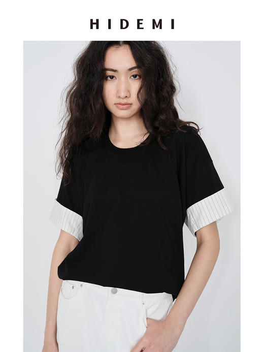 HIDEMI 极简条纹卷边拼接设计感龟背廓形针织棉短袖 黑色/卡其米 商品图0