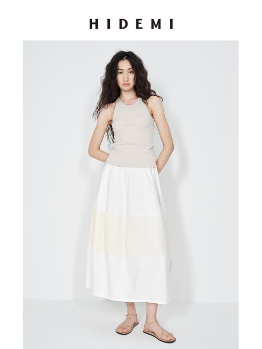 HIDEMI 极简拼接撞色设计感茧型泡泡裙半裙 黑蓝拼色/白米拼色 商品图4