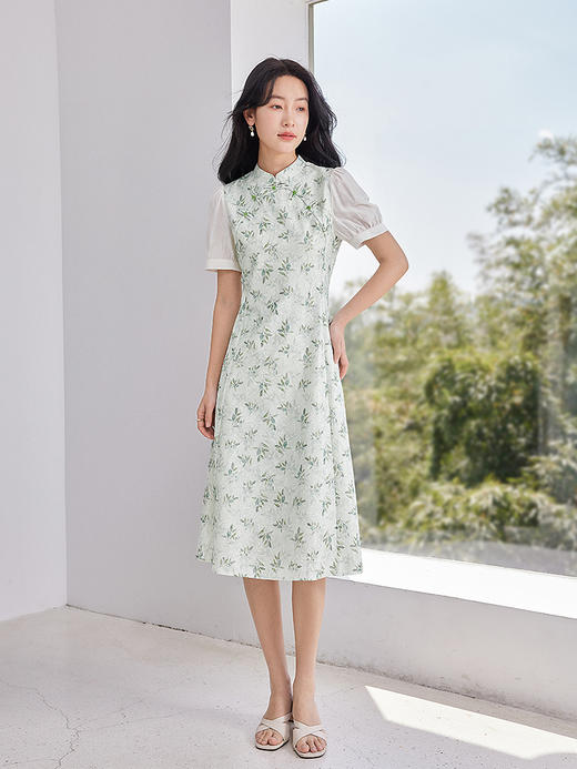 【专属特价】熙世界国风改良新中式蕾丝旗袍裙夏2025新款薄荷曼波碎花连衣裙 商品图4