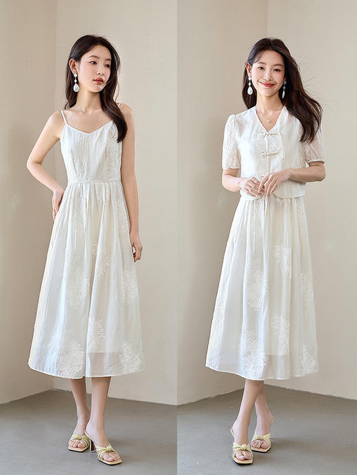 【专属特价】熙世界天丝新中式国风套装裙夏女装盘扣衬衫吊带连衣裙子两件套 商品图3