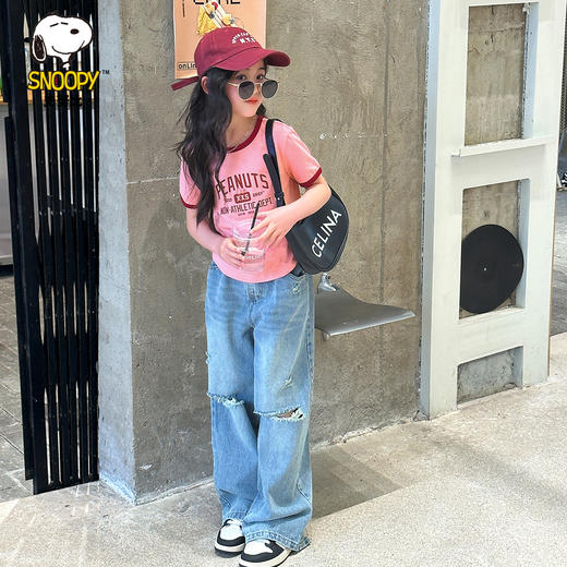 【130-165】【撞色收腰潮流t恤】【史努比】女童夏季撞色收腰潮流t恤（95%棉 5%氨纶） 商品图1