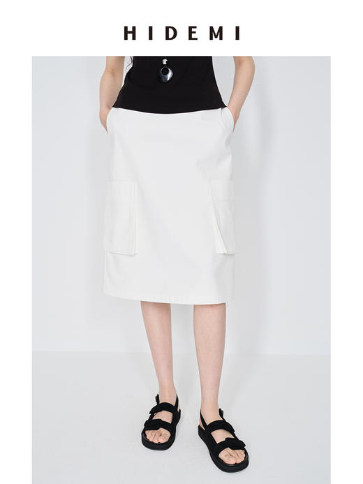 HIDEMI 小男孩系列极简口袋工装感中短款半身裙 白色/藏蓝色/军绿色 商品图4