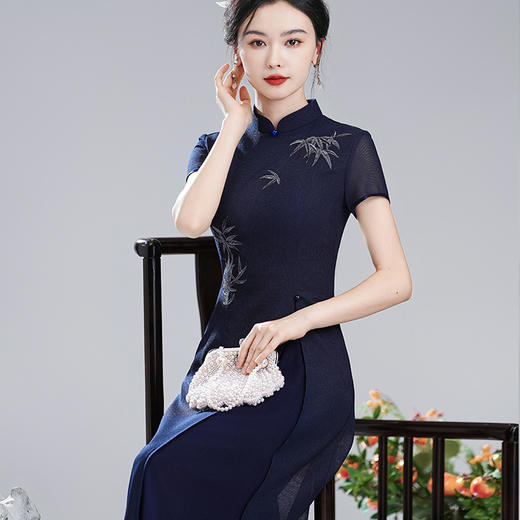 XGTQ24040枝竹2024夏装新款改良国风新中式绣花长款透气旗袍连衣裙 商品图1