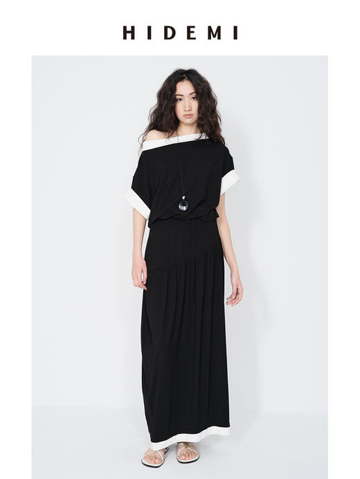 HIDEMI 黑白拼接撞色极简设计感云朵柔软针织短袖半裙套装 上衣/半裙 商品图4