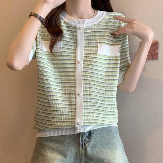 MZ-16416夏季新款小香风撞色条纹针织衫女韩版圆领薄款休闲短袖上衣 商品图3