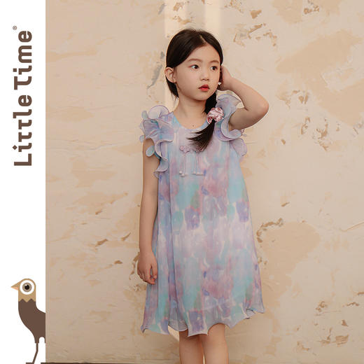littletime女童裙子超仙2024夏季新款褶皱水母印花度假风连衣裙 商品图1