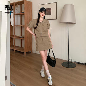 P&X设计师女装夏季短袖小个子套装短裙824214268 军绿