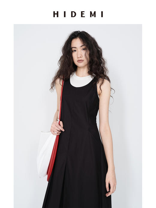 HIDEMI 极简设计感圆领压褶水洗棉口袋茧型廓形连衣裙 海鸥灰/黑色 商品图4