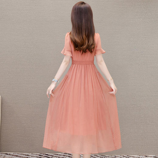 QYM-247264夏季新款短袖高腰连衣裙气质优雅女装长款A字裙时尚优雅百褶裙 商品图2