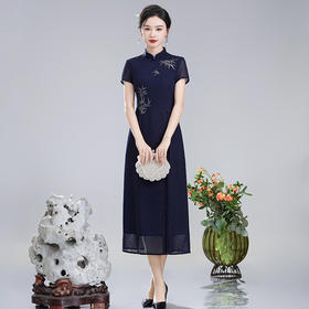 XGTQ24040枝竹2024夏装新款改良国风新中式绣花长款透气旗袍连衣裙