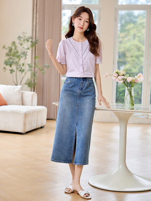 【专属特价】熙世界法式文艺纯棉衬衫女短袖2025夏款花边圆领泡泡袖别致上衣 商品图3