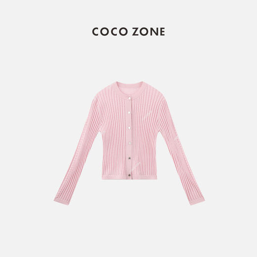 COCO ZONE100羊毛“粉芭比”简约圆领镂空针织开衫休闲单排扣上衣CC1B0693 商品图0