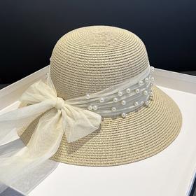 优雅编珍珠网纱，遮阳帽蝴蝶结法式帽LJX-007