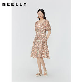 NEELLY纳俪商场同款夏季莱赛尔碎花连衣裙女气质插肩袖方领中长裙N24045Y01112