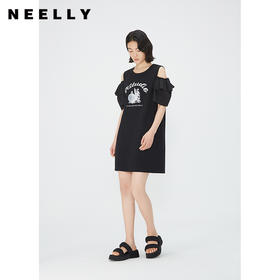 NEELLY纳俪商场同款黑色圆领露肩连衣裙女夏季纯棉印花休闲直筒裙N24051Y01145