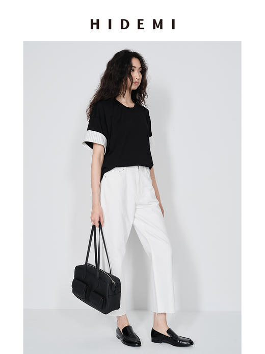 HIDEMI 极简条纹卷边拼接设计感龟背廓形针织棉短袖 黑色/卡其米 商品图4
