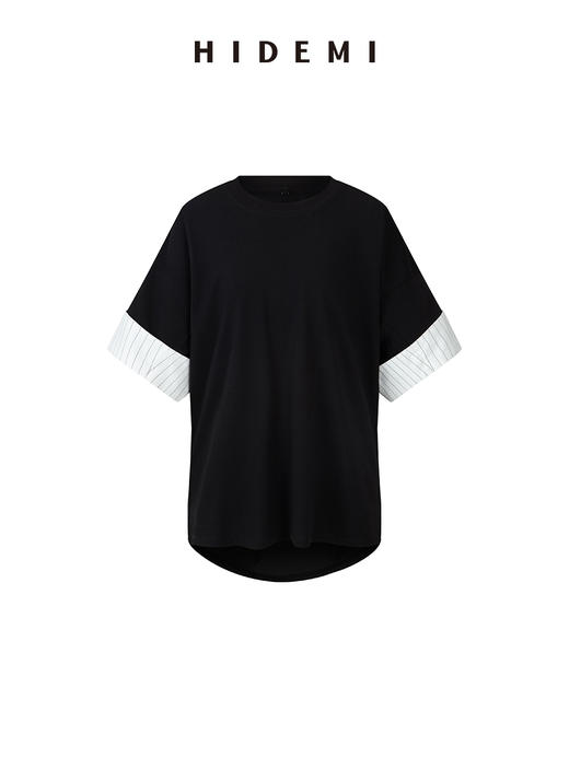 HIDEMI 极简条纹卷边拼接设计感龟背廓形针织棉短袖 黑色/卡其米 商品图7