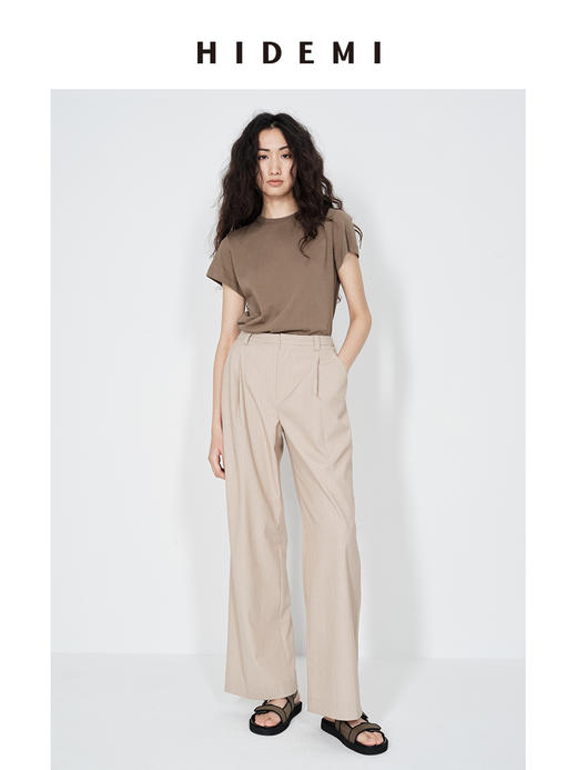 HIDEMI 【董生活同款】极简细条纹压褶设计感宽松阔腿中低腰西裤长裤 藏蓝色/燕麦色 商品图5