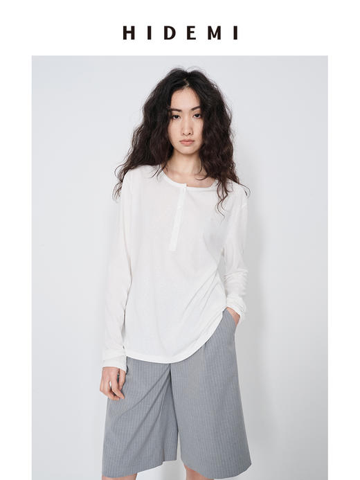 HIDEMI 【当当同款】圆领纽扣极简春夏松弛感亨利领自然棉长袖外穿宽松t恤女 商品图11