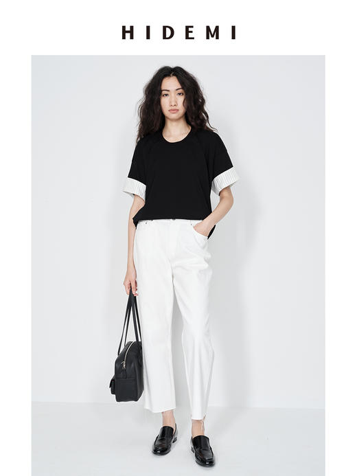 HIDEMI 极简条纹卷边拼接设计感龟背廓形针织棉短袖 黑色/卡其米 商品图1