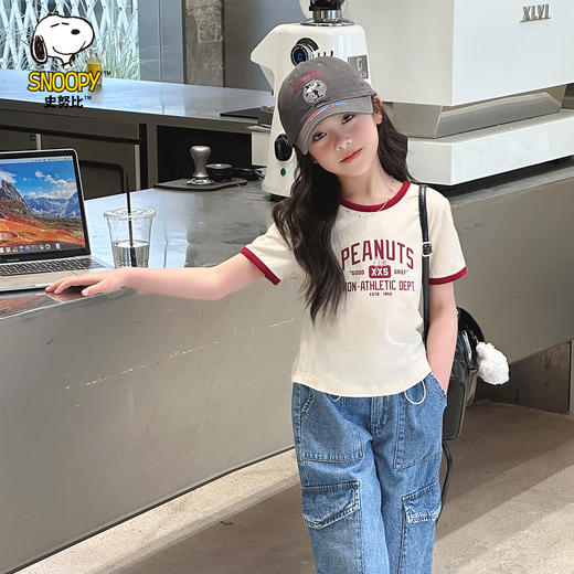 【130-165】【撞色收腰潮流t恤】【史努比】女童夏季撞色收腰潮流t恤（95%棉 5%氨纶） 商品图3