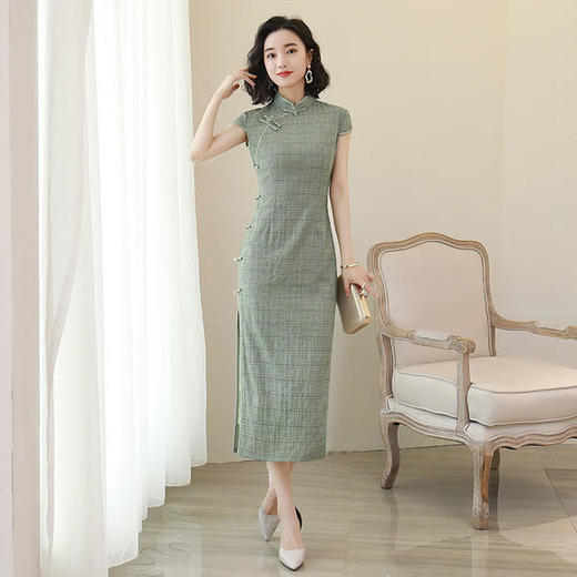 天丝弹力麻格子，改良复古清新旗袍JLM-2678 商品图0