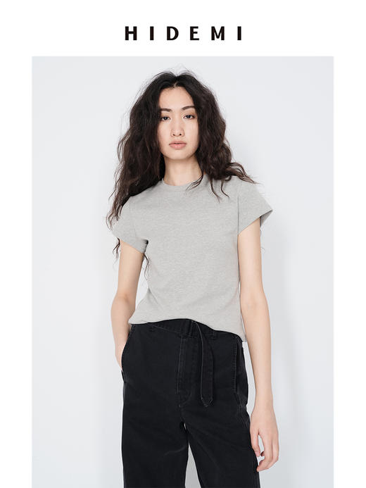 HIDEMI 【赵露思同款】圆领极简弹力自然棉短袖T恤 红色/黑色/碳灰/雾霾灰/白色 商品图0