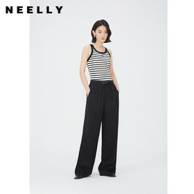 NEELLY纳俪商场同款黑色松紧腰系带休闲裤女夏季百搭拖地直筒裤N24051H01154