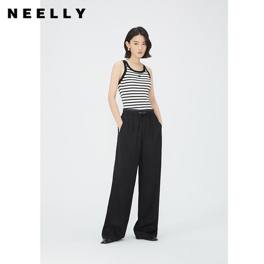 NEELLY纳俪商场同款黑色松紧腰系带休闲裤女夏季百搭拖地直筒裤N24051H01154 商品图0