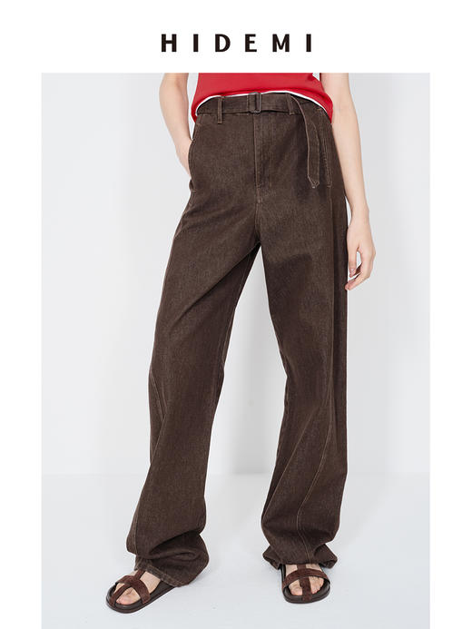 HIDEMI 极简高腰腰带式水洗做旧彩色口袋羊腿型茧型牛仔裤 商品图7