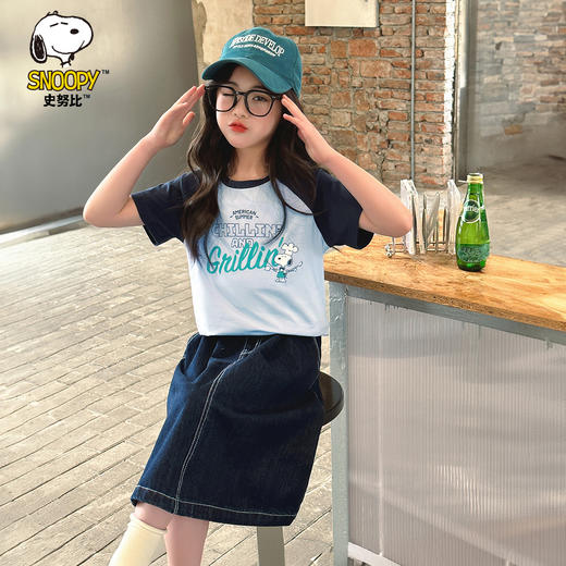 【130-160】【史努比】女童短款插肩袖修身T恤（95%棉 5%氨纶） 商品图1