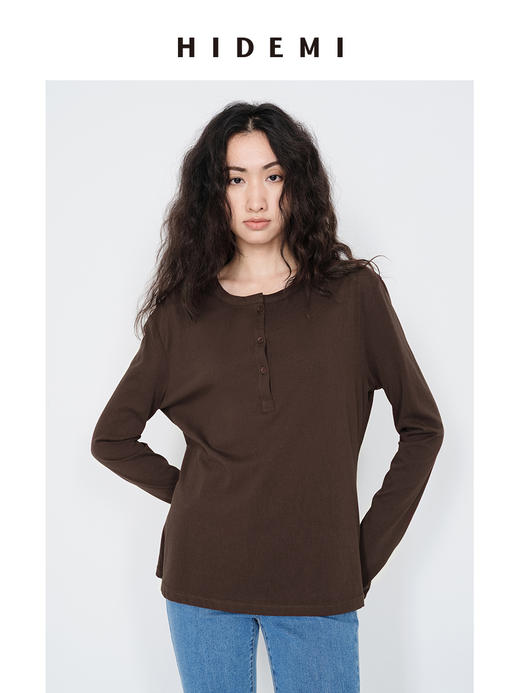 HIDEMI 【当当同款】圆领纽扣极简春夏松弛感亨利领自然棉长袖外穿宽松t恤女 商品图6