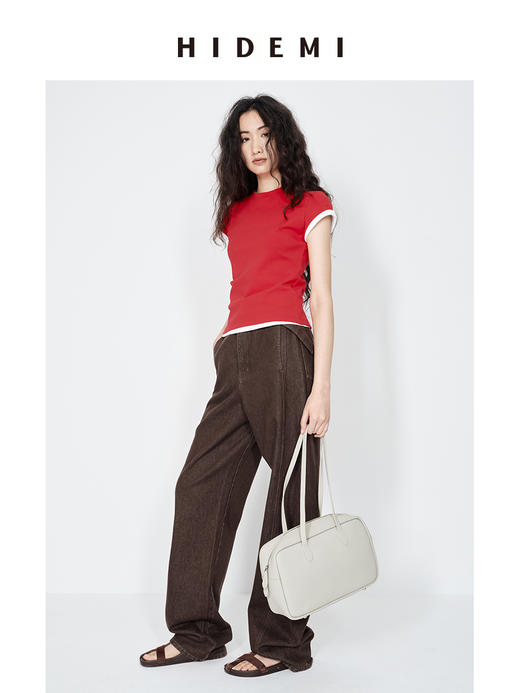 HIDEMI 极简高腰腰带式水洗做旧彩色口袋羊腿型茧型牛仔裤 商品图9