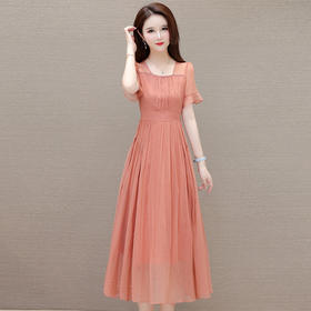 QYM-247264夏季新款短袖高腰连衣裙气质优雅女装长款A字裙时尚优雅百褶裙