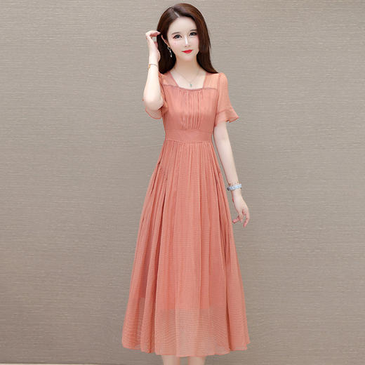QYM-247264夏季新款短袖高腰连衣裙气质优雅女装长款A字裙时尚优雅百褶裙 商品图0