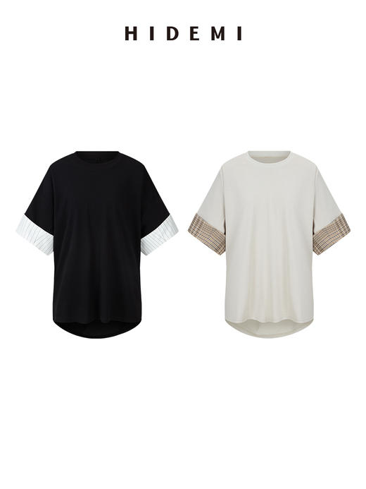 HIDEMI 极简条纹卷边拼接设计感龟背廓形针织棉短袖 黑色/卡其米 商品图6