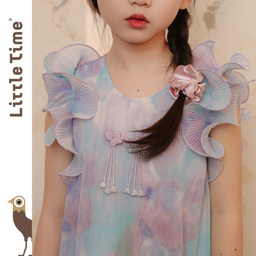 littletime女童裙子超仙2024夏季新款褶皱水母印花度假风连衣裙 商品图3