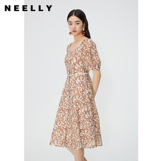 NEELLY纳俪商场同款夏季莱赛尔碎花连衣裙女气质插肩袖方领中长裙N24045Y01112 商品图2