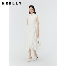 NEELLY纳俪商场同款国风立领盘扣无袖连衣裙女白色褶皱收腰中长裙N24045Y01114