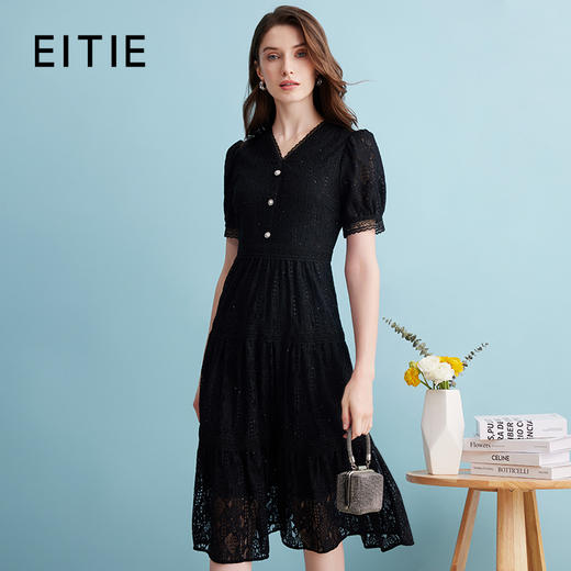 EITIE爱特爱夏季新款精致蕾丝V领法式优雅收腰显瘦连衣裙B2407304 商品图0