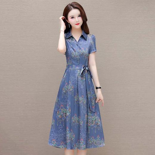 QYM-1722436蓝色印花连衣裙夏季新款短袖裙时尚气质女装中长款A字裙 商品图4