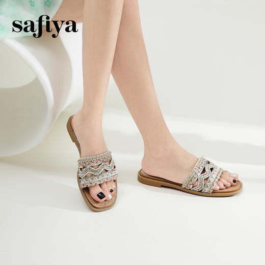 Safiya/索菲娅2024夏季闲适假日民族风珍珠水钻外穿平底凉拖 SF42110357 商品图0