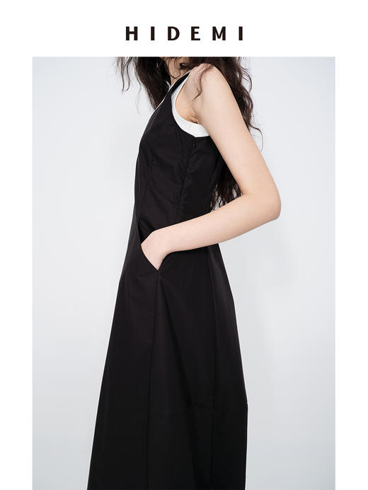 HIDEMI 极简设计感圆领压褶水洗棉口袋茧型廓形连衣裙 海鸥灰/黑色 商品图5