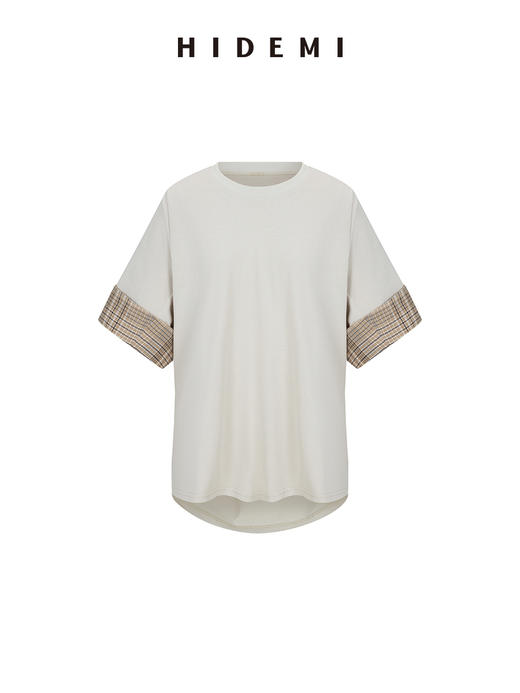 HIDEMI 极简条纹卷边拼接设计感龟背廓形针织棉短袖 黑色/卡其米 商品图8