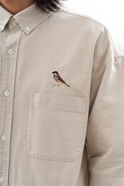 吃茶去chichaqu2024全棉牛津纺长袖衬衫宽松复古百搭刺绣麻雀 商品图7